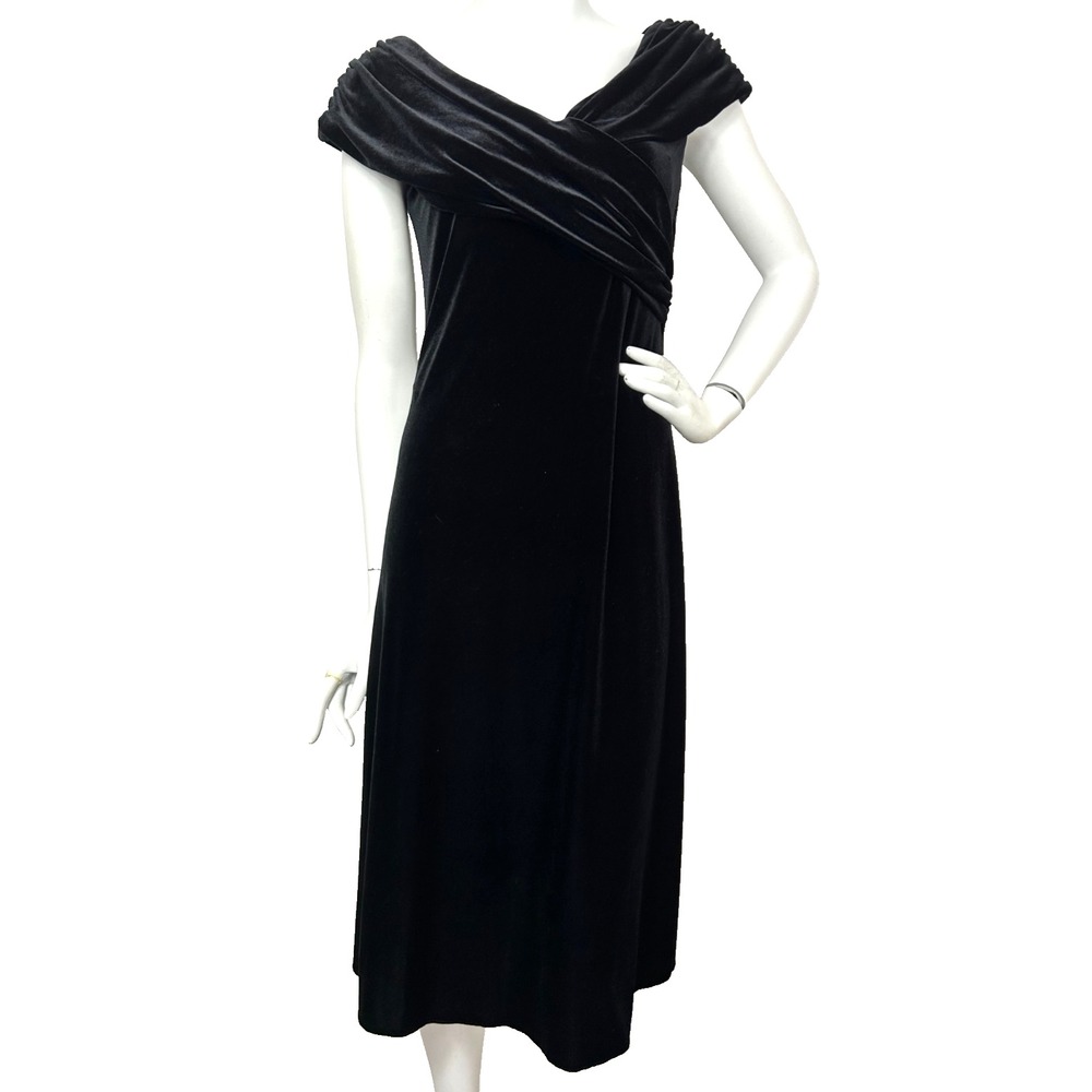 Vintage David Warren Black Stretch Velvet Draped Cocktail Dress 8 Whimsigoth EUC